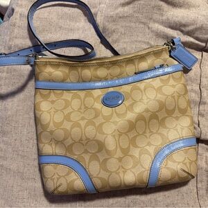 Coach Khaki Signature Crossbody with Light Blue Trim